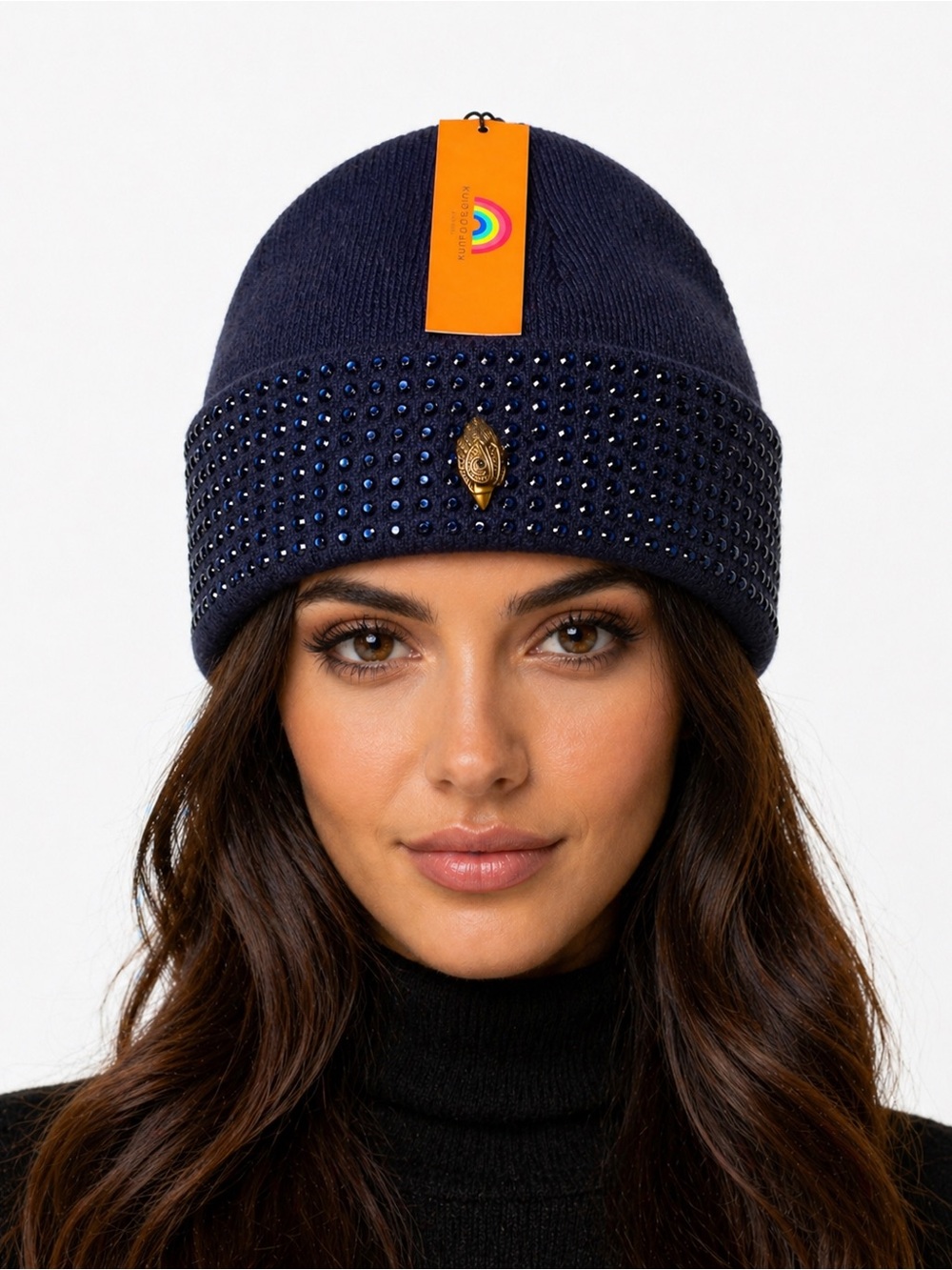 Kurt Geiger Navy Knit Beanie with Blue Crystal Studs and Gold Emblem • NWT